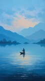 man boat lake mountains background dawn bluish vietnam imprecise brushwork hes alone drifting