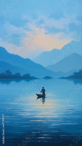 man boat lake mountains background dawn bluish vietnam imprecise brushwork hes alone drifting