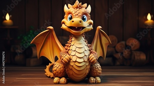 In this portrayal, a delightful and small dragon radiates joy against a wooden backdrop, representing the approaching New Year 2024.