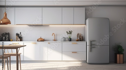 Modern Kitchen Interior With Front View Of Cabinets  Refrigerator  Dishwasher And Oven 8k 