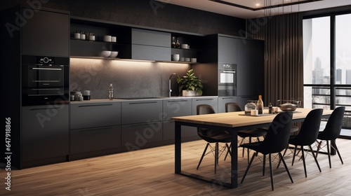 Modern kitchen with black furniture and wooden floor 8k 