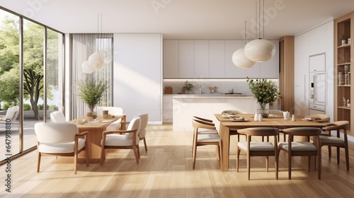 Modern Living  dining room and kitchen with garden view 3d .The Rooms have wooden floors  decorate with white furniture There are large open doors. Overlooks wooden terrace and large garden. 8k 