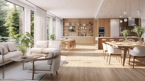 Modern Living  dining room and kitchen with garden view 3d .The Rooms have wooden floors  decorate with white furniture There are large open doors. Overlooks wooden terrace and large garden. 8k 