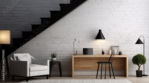 Fotografia Modern living room, white brick wall, wooden desk and desktop under black stair, carpet sofa and middle table interior