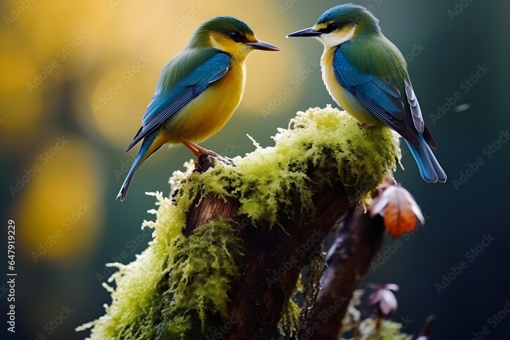 beautiful bird perched on a mossy wooden branch photography style Made with Generative AI