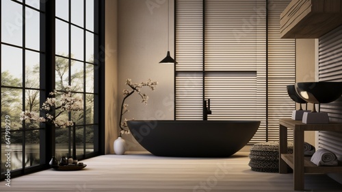 modern minimalistic soft design room interior in Japanese style in beige and black colors. stylishly detached bathroom by a huge panoramic window with blinds 8k,