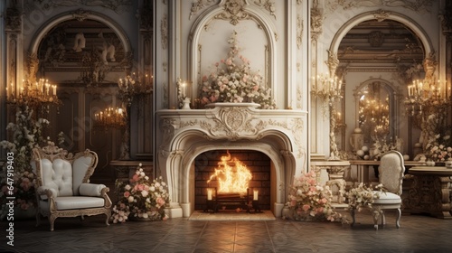 Luxurious vintage interior with fireplace in the aristocratic style 8k, © Counter