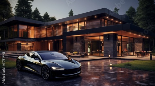 Luxury big modern house and electric car 8k, © Counter