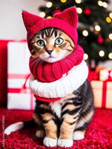 Cute cat wearing a red sweater and red Santa Claus hat near Christmas tree. Generative Ai