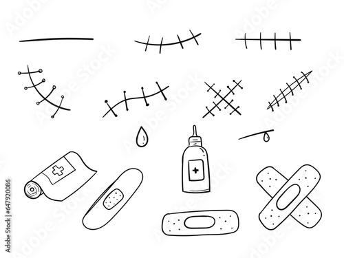 Hand drawn Adhesive bandages, Rough seam, scar, cut, patch, wound, blood