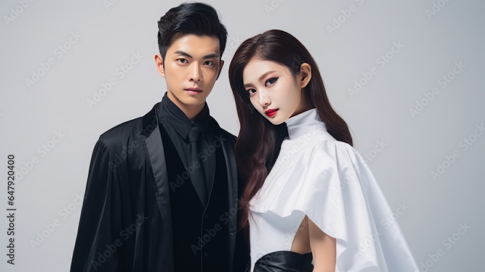 Gather of Asian man and lady wearing Halloween ensemble as witch and vampire Dracula on white foundation looking at camera Gather of Asian man and lady wearing Halloween ensemble as witch and vampire Dracula on white foundation looking at camera