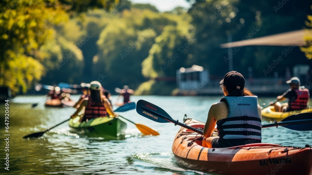 Gather of cheerful individuals on a kayaks - obrazy, fototapety, plakaty 