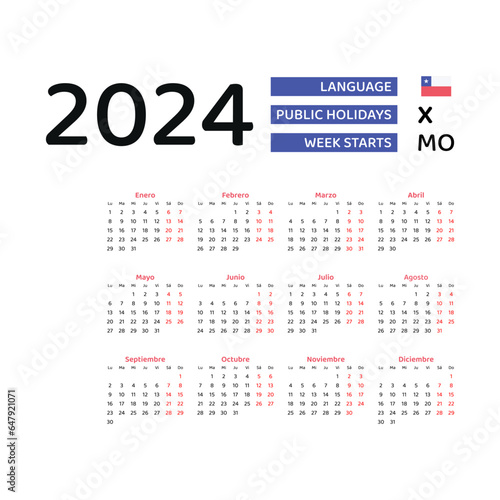 Chile Calendar 2024. Week starts from Monday. Vector graphic design. Spanish language.