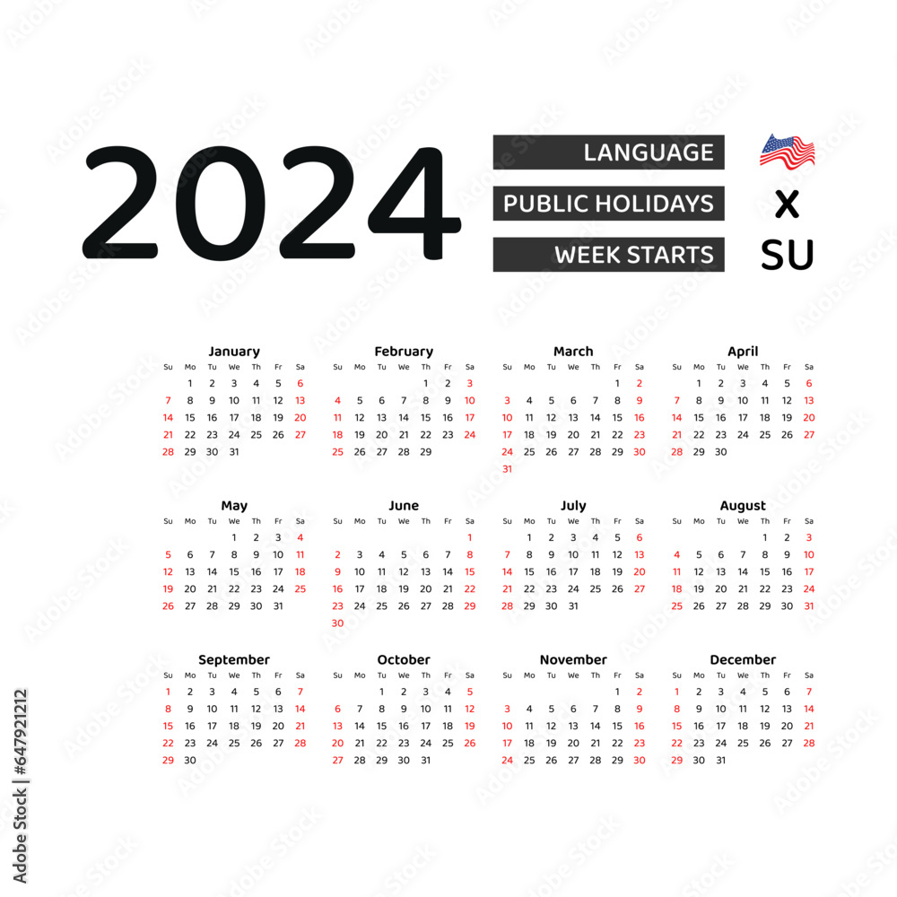 Calendar 2024 English language with United States public holidays. Week