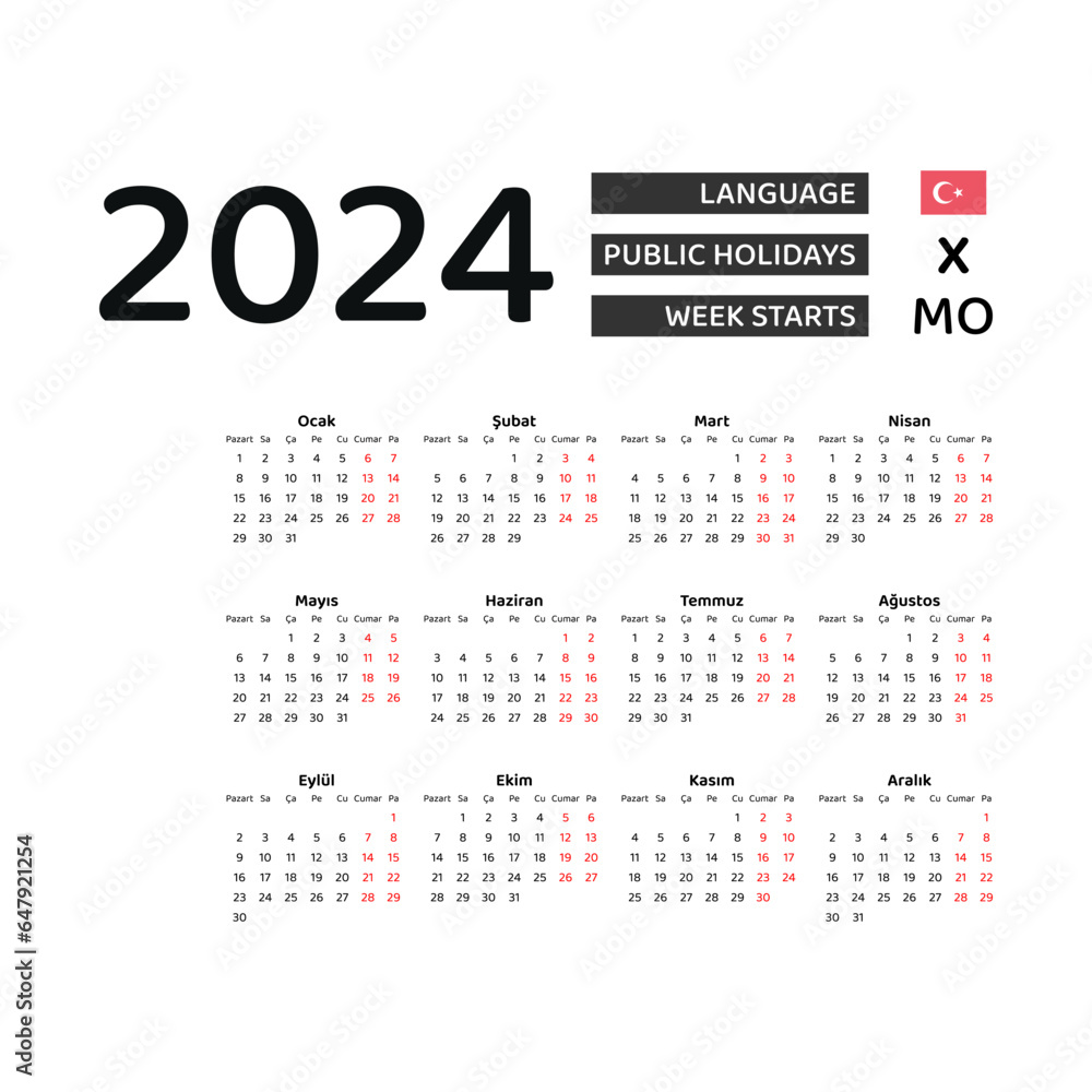 Calendar 2024 Turkish language with Turkey public holidays. Week starts from Monday. Graphic design vector illustration.