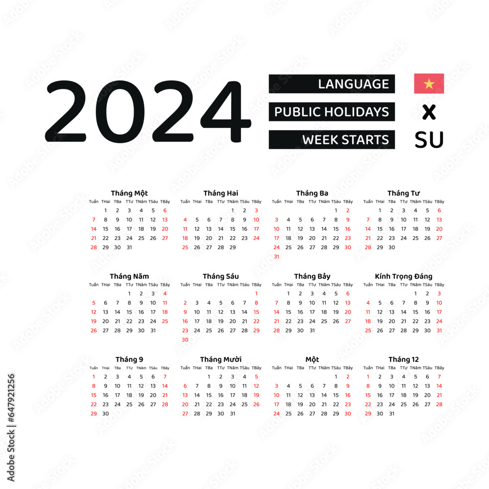 Vietnam Calendar 2024. Week starts from Sunday. Vector graphic design