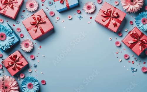 Celebrations background banner in blue color with copy space backdrop with flowers and gift boxes for a sales campaign