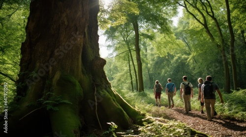 Gather Of Companions On Walk Adjusting On Tree Trunk In Woodland