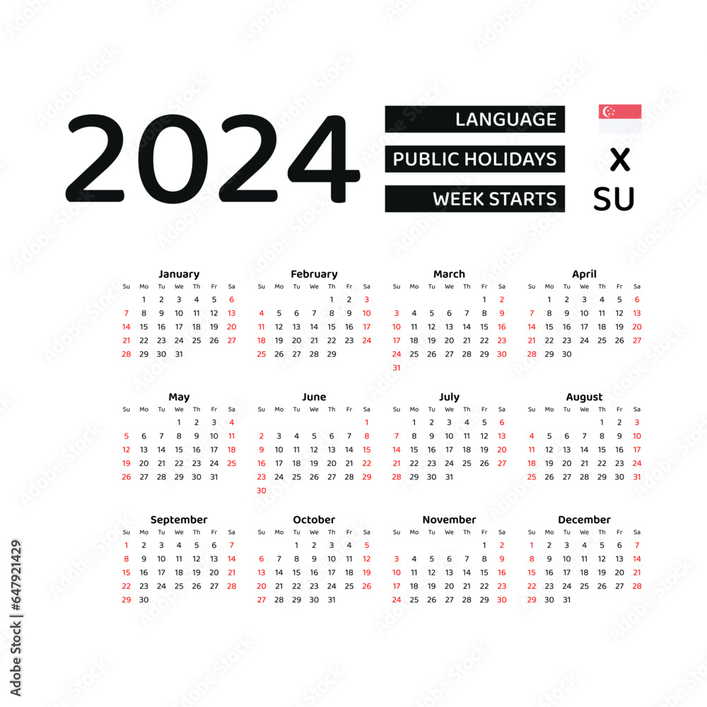 Calendar 2024 English language with Singapore public holidays. Week starts from Sunday. Graphic design vector illustration. Calendar 2024 English language with Singapore public holidays. Week starts from Sunday. Graphic design vector illustration.