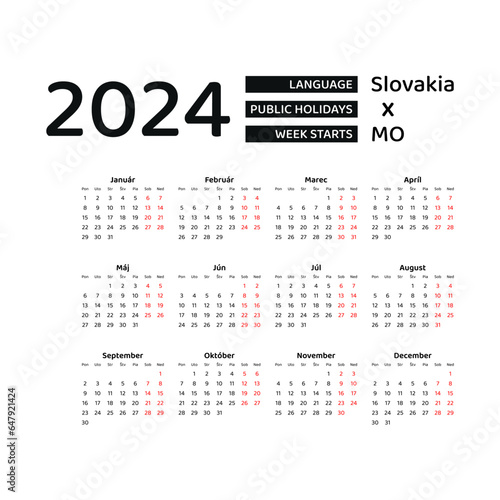Calendar 2024 Slovak language with Slovakia public holidays. Week starts from Monday. Graphic design vector illustration.