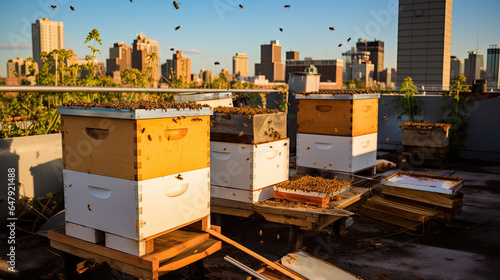 Beekeeping in the city. Beehives on a rooftop. © AI Studio - R