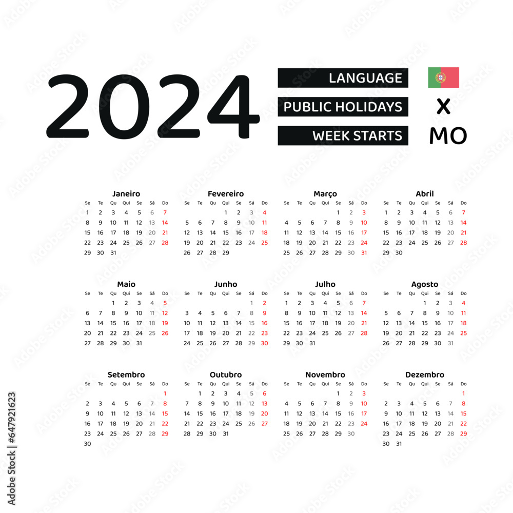 Calendar 2024 Portuguese language with Portugal public holidays. Week