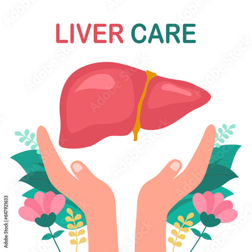 Liver disease, diagnosis and treatment concept vector illustration. Human hands holding liver organ with flowers in flat design on white background.