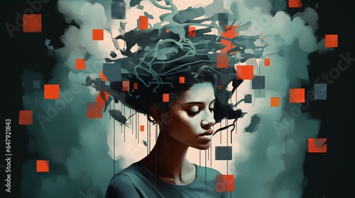 Conceptual image illustrating mental health, a surrealistic portrait of a female figure. The woman's face is surrounded by floating squares, symbolizing various thoughts, emotions, and mental states.
