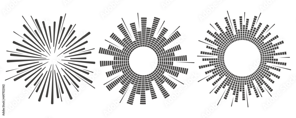 Circle sound wave. Audio music equalizer. Round circular icons set. Spectrum radial pattern and frequency frame. Vector design Circle sound wave. Audio music equalizer. Round circular icons set. Spectrum radial pattern and frequency frame. Vector design