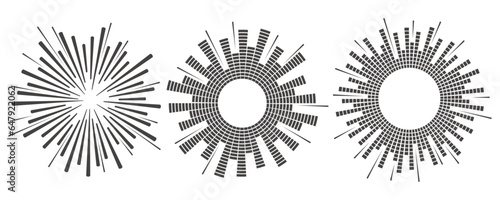 Circle sound wave. Audio music equalizer. Round circular icons set. Spectrum radial pattern and frequency frame. Vector design