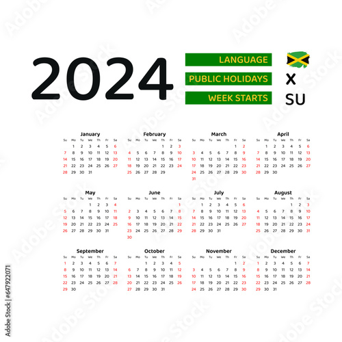 Jamaica calendar 2024. Week starts from Sunday. Vector graphic design. English language.