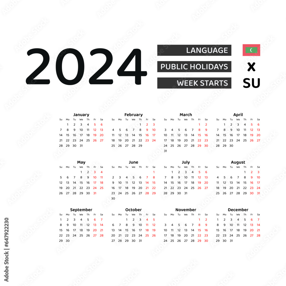 Maldive Calendar 2024. Week starts from Sunday. Vector graphic design