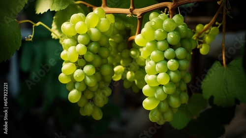 "Craft a visually enticing image of a bunch of plump, green grapes on the vine."