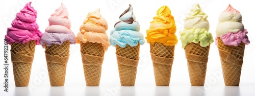 set of different flavours ice cream cones on a white background