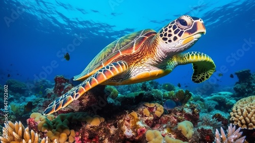 Green ocean turtle swimming over a coral reef near up Ocean turtles are getting to be debilitated due to illicit human exercises © Akbar