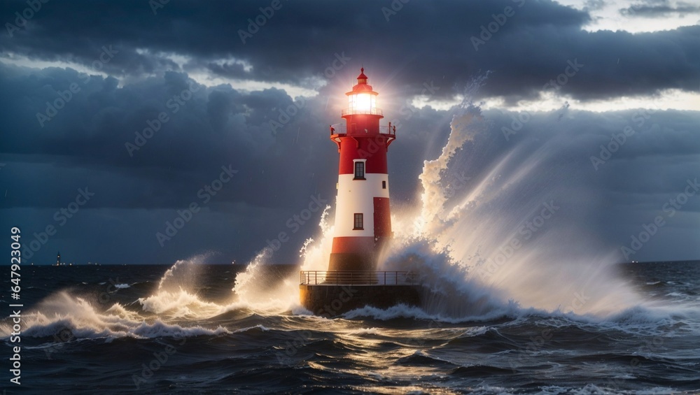 lighthouse during storm in splashing spray at night on the Baltic Sea, Travemuen in the Lubeck bay, copy space