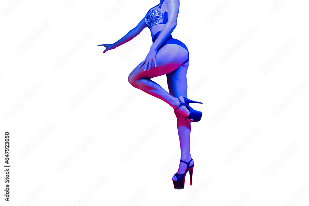 Skinny slim young sexy girl dancer in neon light posing on white isolated background