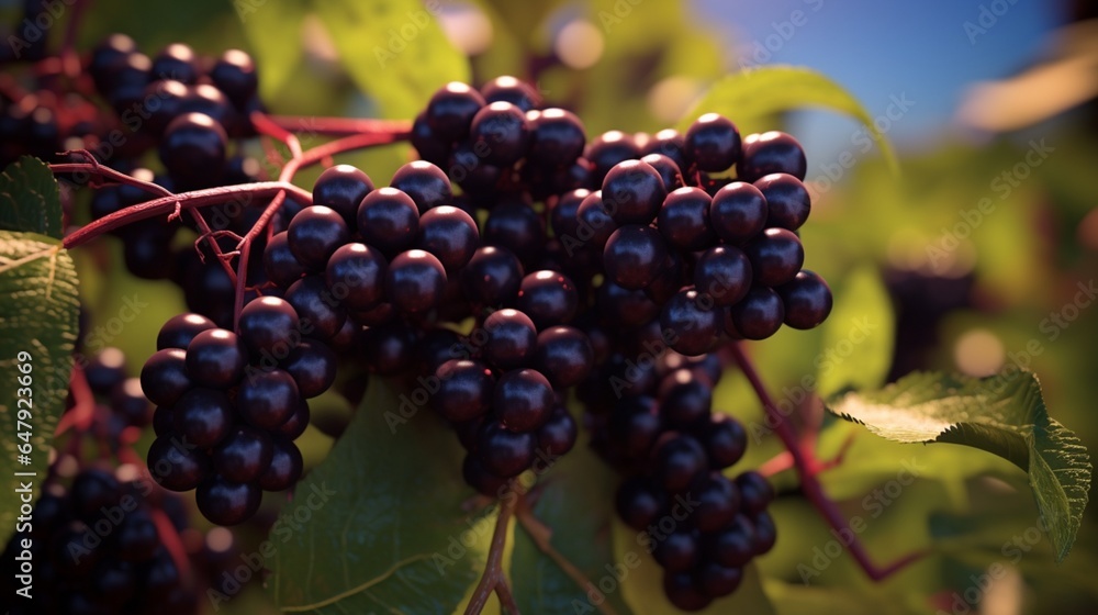 Generate a realistic portrayal of a bunch of sun-ripened elderberries up close.