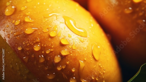 Generate a tantalizing closeup of a juicy, golden mango with exquisite texture.