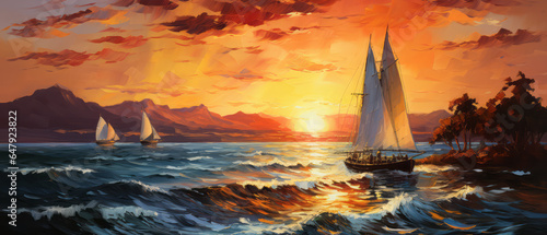 Sailing boat on the sea at sunset. Digital oil color painting illustration.