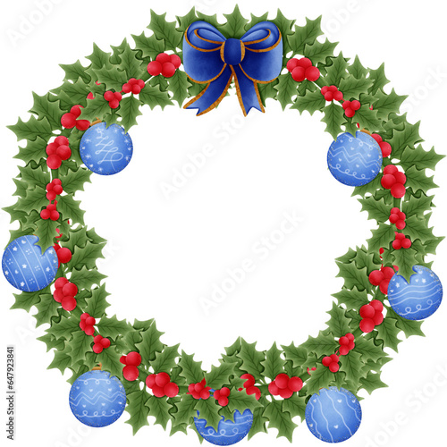 Blue christmas ball with blue bow red holly berries and green leaves isolated on transparent background 