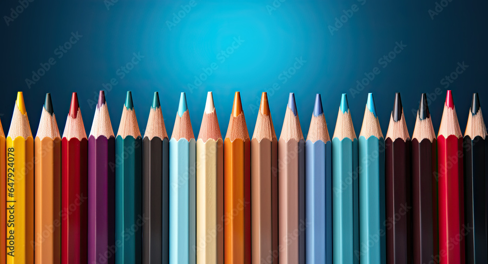 A row of colored pencils lined up against A row of colored pencils lined up against