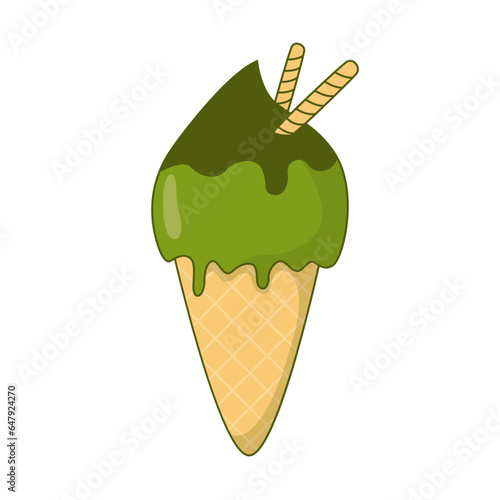 Matcha ice cream illustration with cream. Sweet matcha dessert with topping. Green tea flavor. Vector Illustration