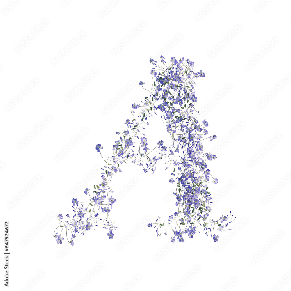 Font made of flowers and leaves, alphabet, font art 3d rendering with transparent background