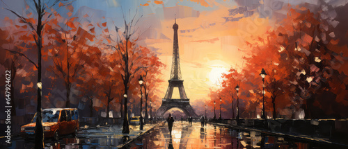 The Eiffel Tower in Paris, France. Digital oil color painting illustration.