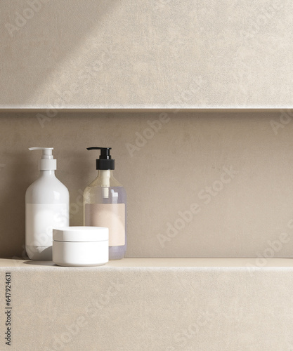 Mock up of shampoo, soap bottle in recessed wall shelf, shower niche in brown wall bathroom in sunlight for luxury beauty body care, hair care, toiletries product background 3D