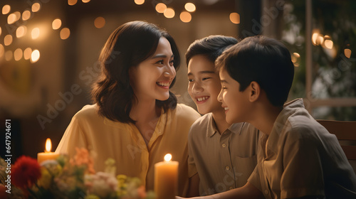Thailand mother and sons happy together. Young Asian Thai woman, mother, wit her two sons playing together in a warm, calm and love environment. Evening or night, maybe Christmas. photo