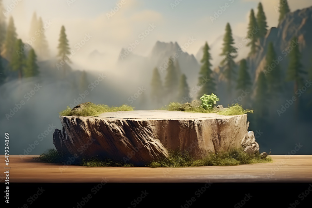 Tree stump in landscape nature mountains background, Empty wood podium table minimal stage for product display presentation design, ai generate - obrazy, fototapety, plakaty 