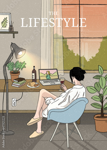 Cute young woman sitting on comfy chair with laptop computer in cozy room. Home interior. Drinking wine. Watching movie. Domestic life. Trendy hand drawn style. Flat design line vector illustration.