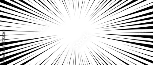 Radial speed lines background. Comic book explosion lines wallpaper. Abstract black and white flash effect frame design. Manga or anime cartoon ray beam sunburst. Vector fast burst illustration